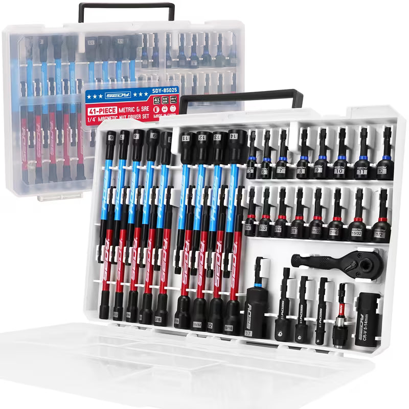 SEDY 41pcs Magnetic Impact Nut Driver Set, Metric & SAE, 2-in-1 Ratchet Wrench & Socket Kit