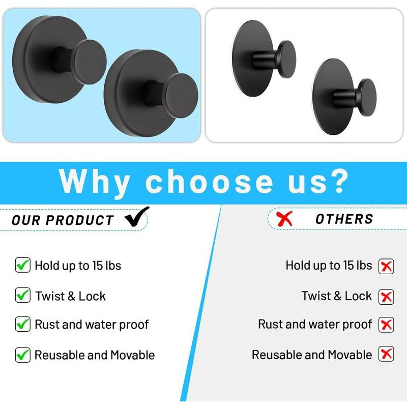 Black Shower Suction Hooks – Twist &amp; Lock No-Drill Bathroom Organizers
