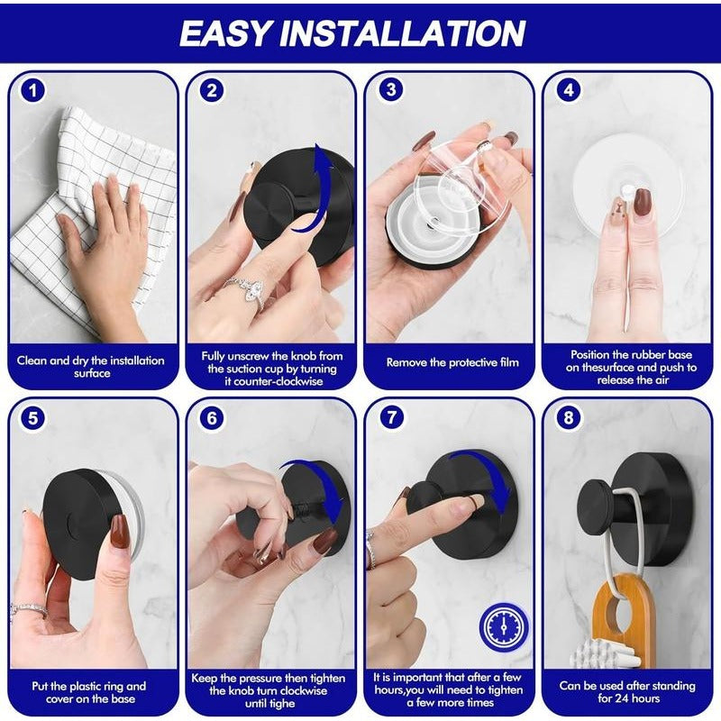 Black Shower Suction Hooks – Twist &amp; Lock No-Drill Bathroom Organizers