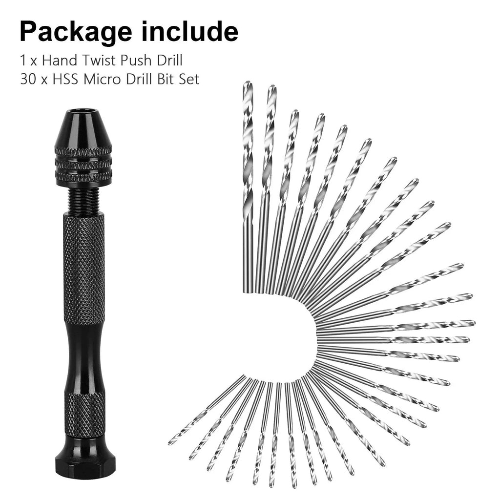 31Pcs Mini Micro Hand Drill Bits Set Small Manual Keyless Chuck Pin Vise Rotary